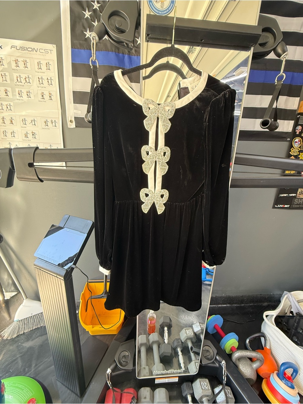 SALONI Black Velvet Dress with Ivory Trim and Bow Appliqués